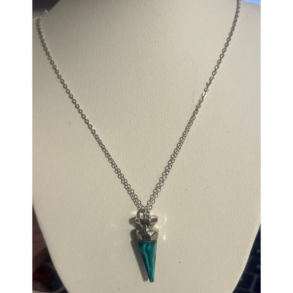 Silver Tone Necklace Faux Malachite 1.25" Cone Pendant Statement Adj 20.5"